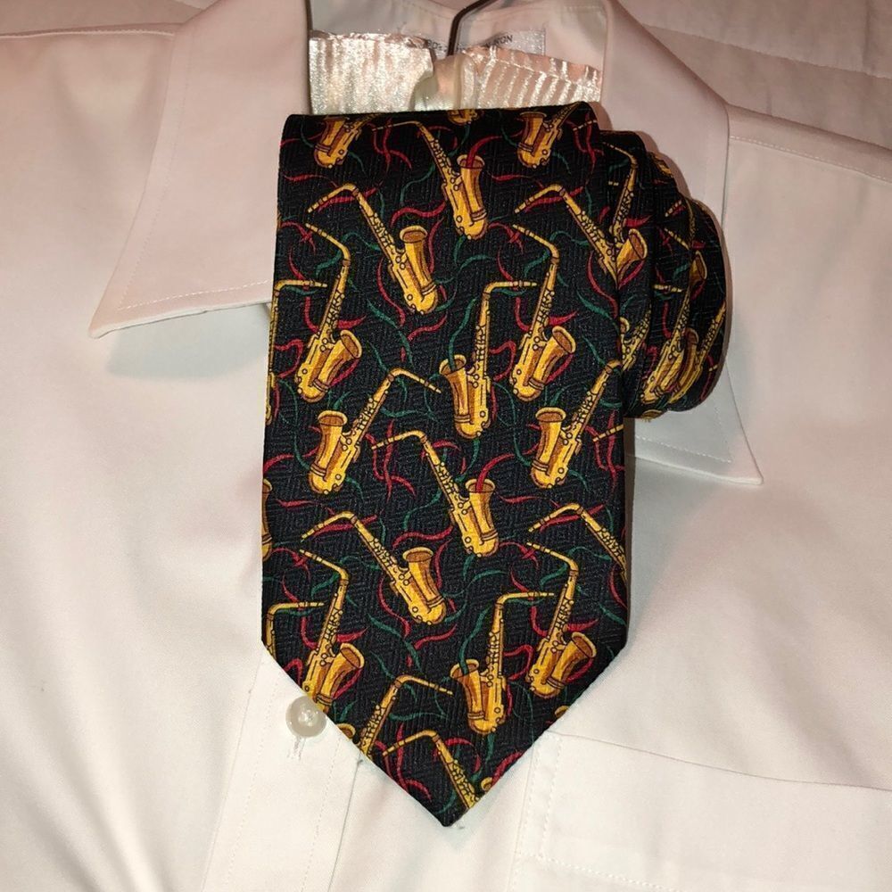 Renaissance Black Gold Green Red Saxophone Holiday Christmas Tie